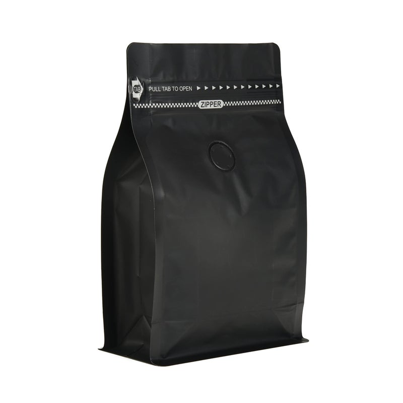 EverPack Pack of 100 Black Coffee Bags with Degassing Valve High Barrier Resealable Coffee Pouches with Air Release Valve Flat Bottom Pull Tab Zipper Matt Black Color100 16oz1lb500gm